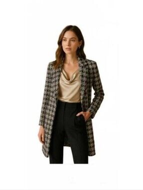 Melloday Houndstooth Women's Open Front Trench Coat in Black and White